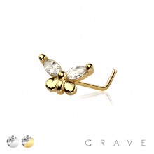 CZ PRONG BUTTERFLY 316L SURGICAL STEEL L SHAPE NOSE RING